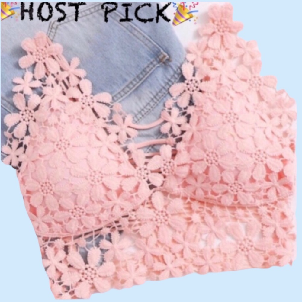PEACHY PINK GUIPURE LACE CROCHET LONGLINE BRALETTE - Picture 1 of 15